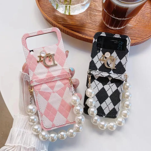 Dior-inspired argyle Samsung z flip 3 case with pearl trim