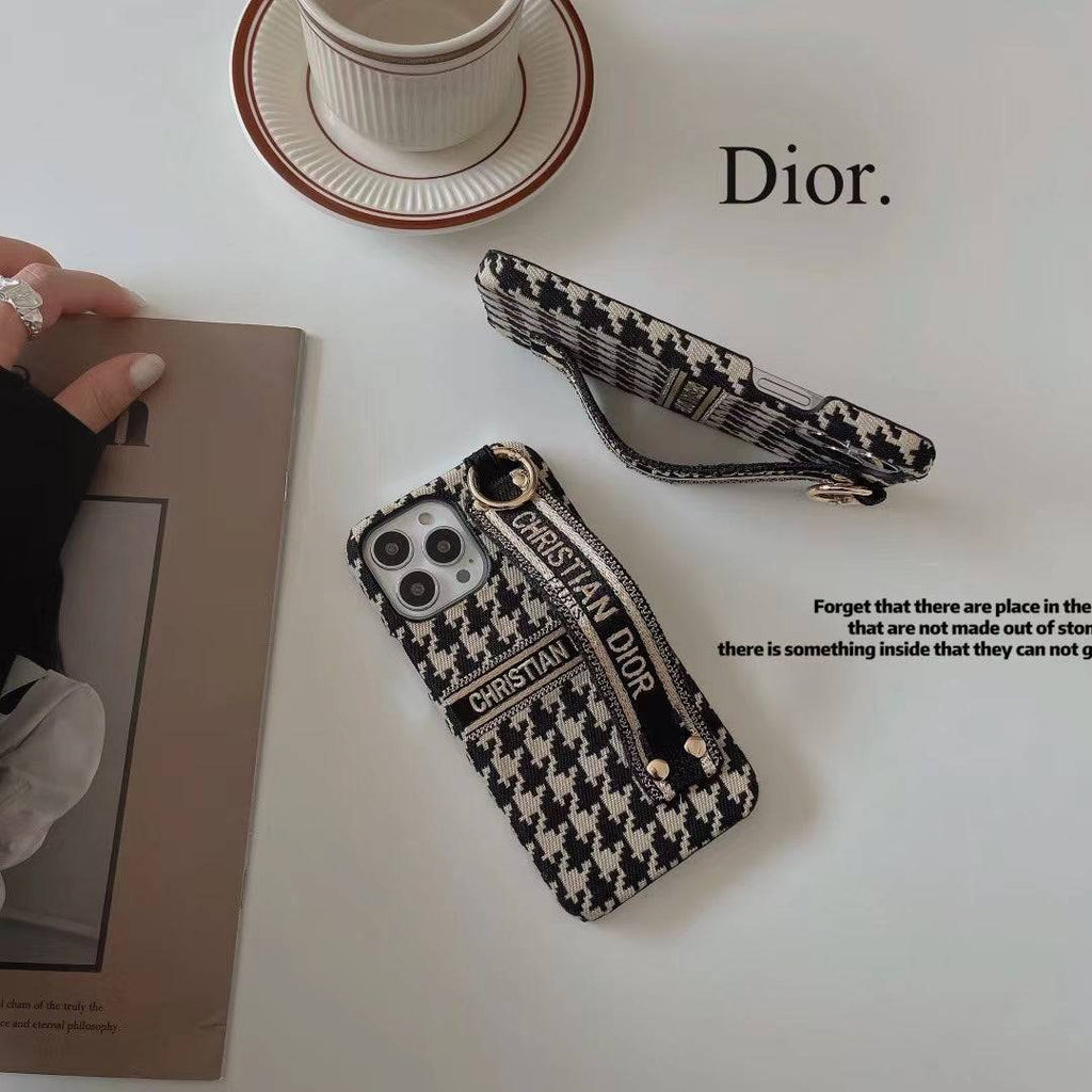 Dior-inspired phone case with hand strap for iPhone