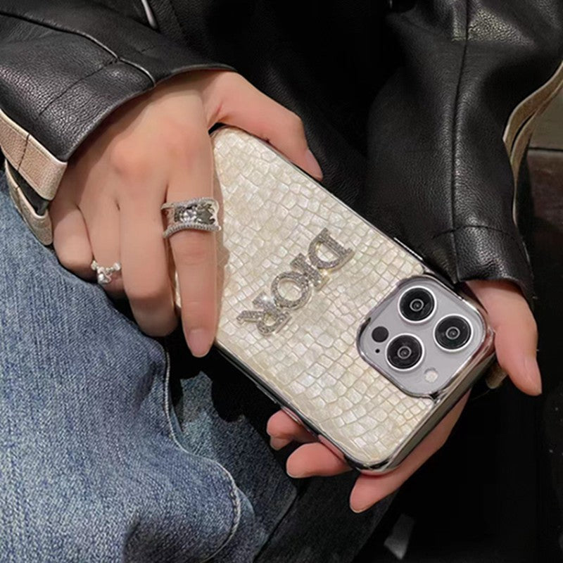 Dior-inspired rhinestone phone case with contrast lettering