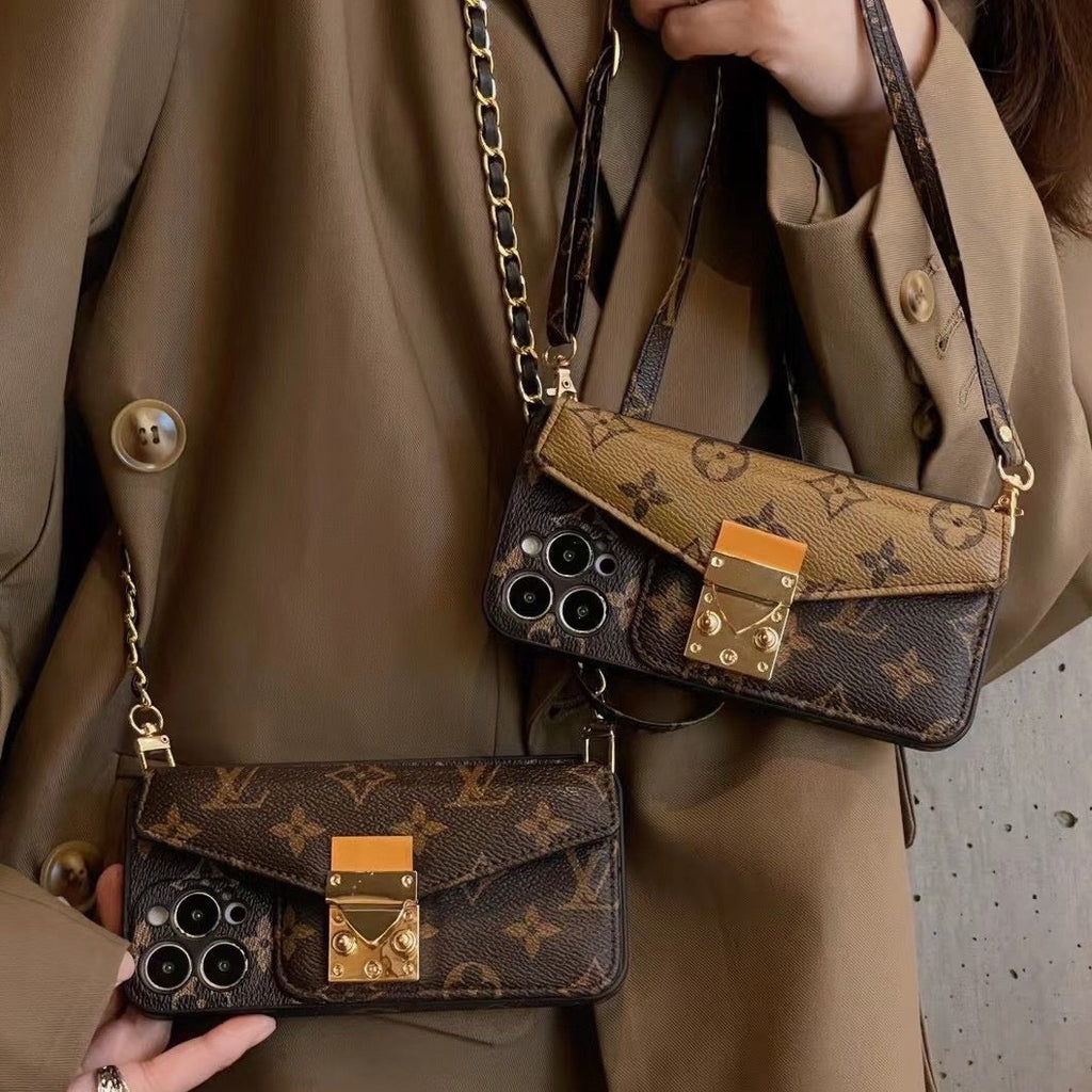 Louis Vuitton-inspired iPhone case with card holder and chain