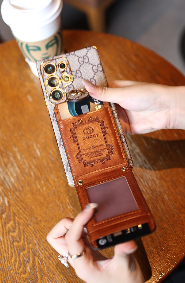 Leather Samsung phone case with wallet and strap