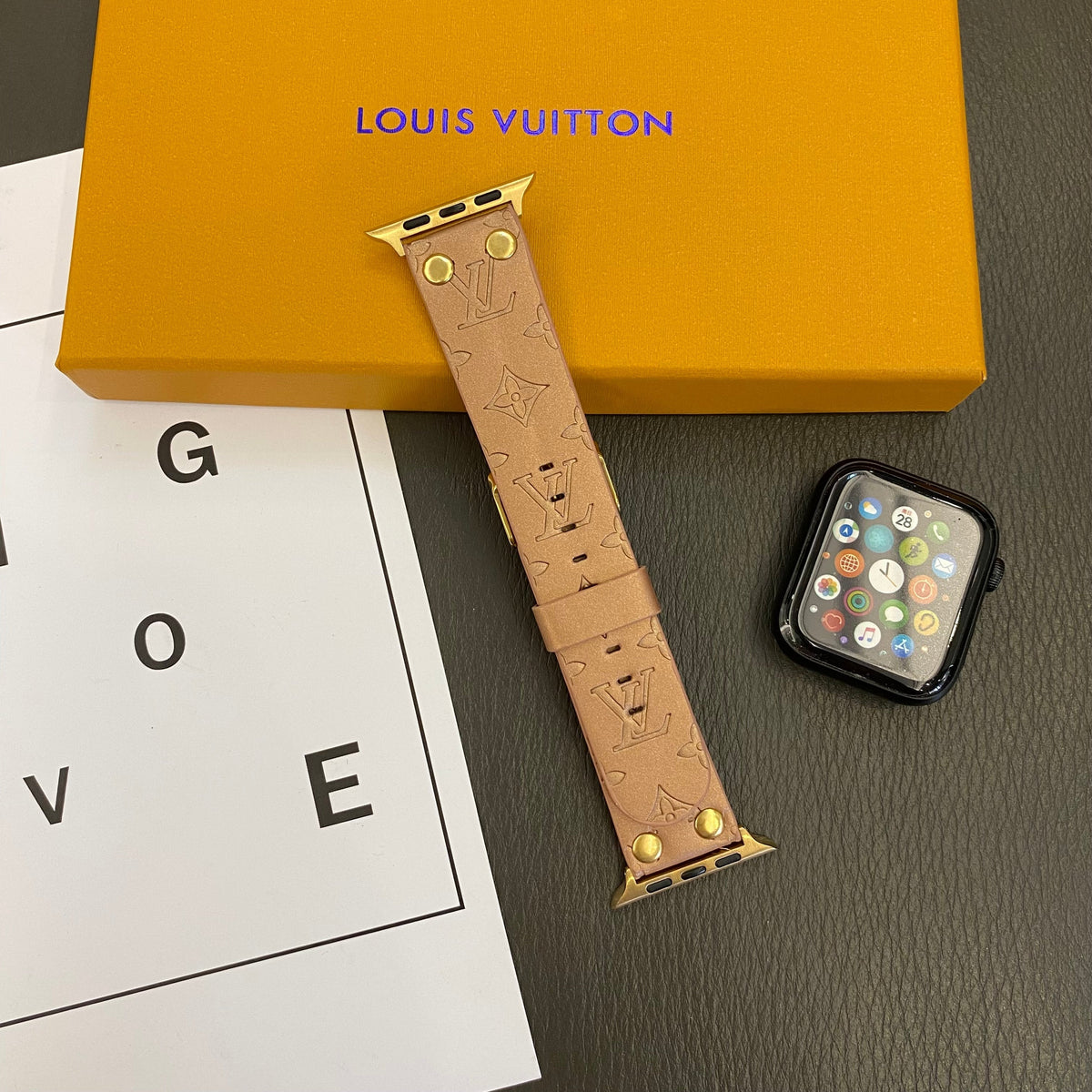 Louis Vuitton-inspired embossed monogram Apple Watch band with rivet details