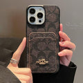Coach-inspired fine monogram leather iPhone case with card pocket, brown