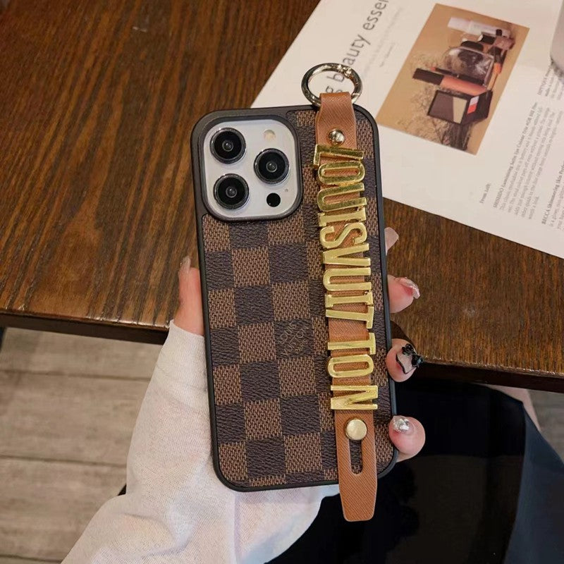 Louis Vuitton-inspired checkered iPhone 17 Pro case with hand strap