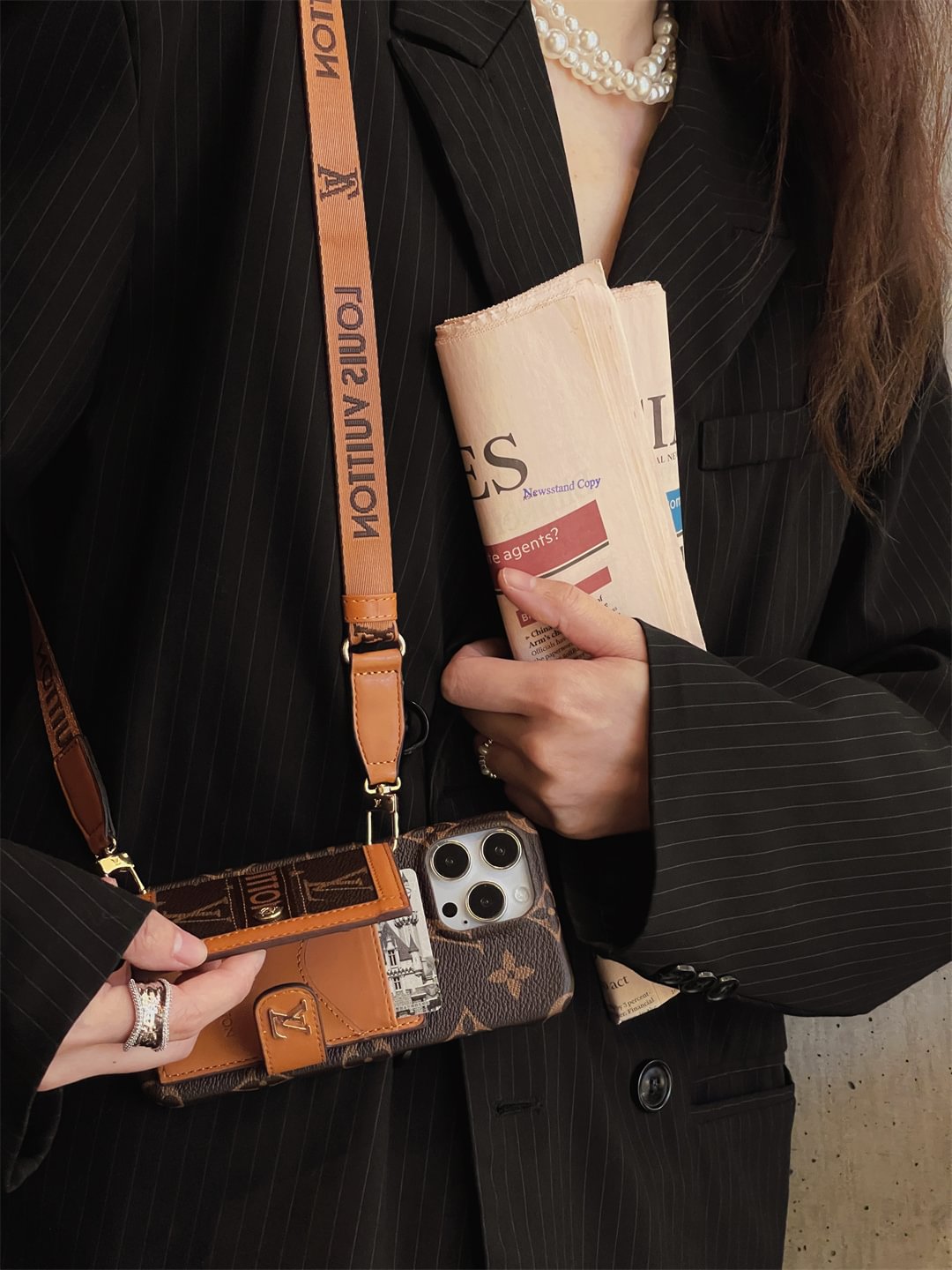 Louis Vuitton-inspired canvas crossbody iPhone case with card holder