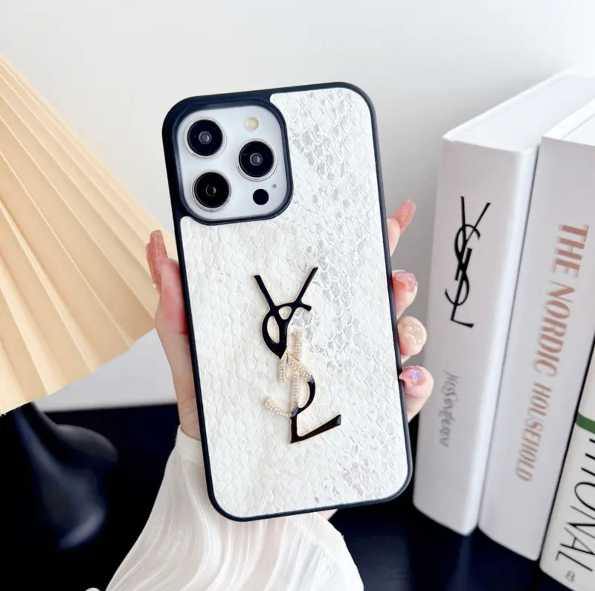 YSL-inspired pastel textured iPhone case with raised emblem