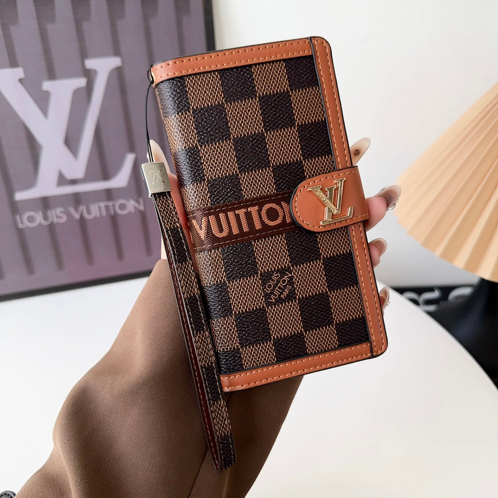 Louis Vuitton-inspired leather monogram wallet card holder iPhone case, brown