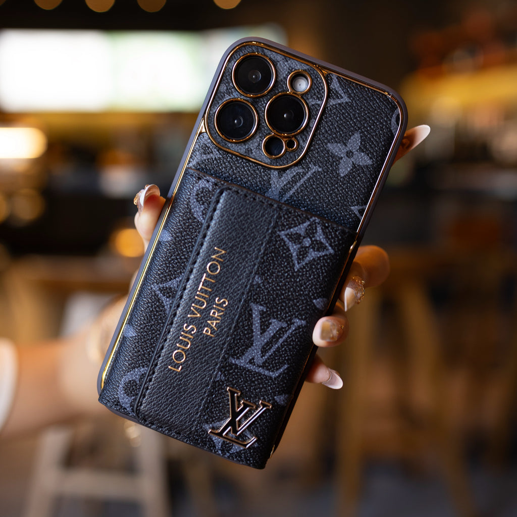Louis Vuitton-inspired leather iPhone case with card holder and strap