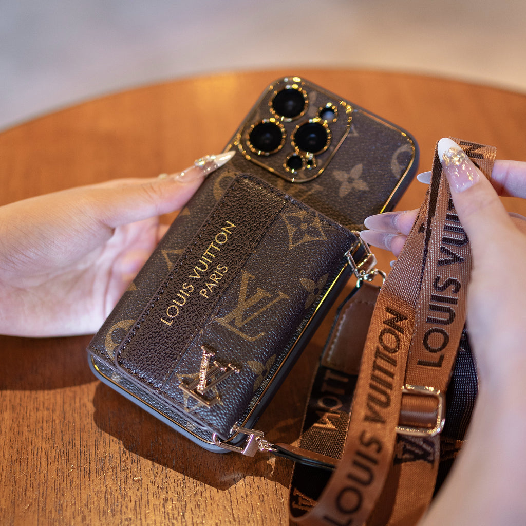 Louis Vuitton-inspired leather iPhone case with card holder and strap
