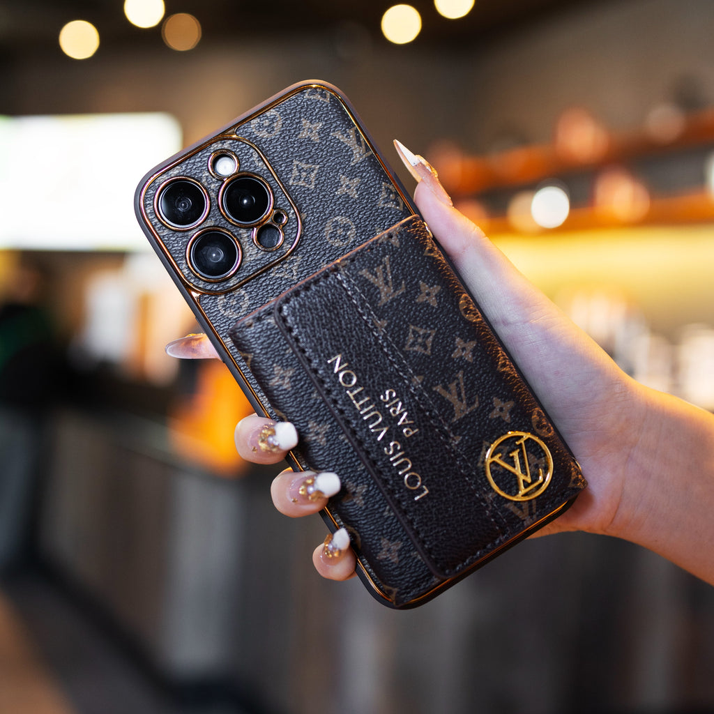 Louis Vuitton-inspired leather iPhone case with card holder and strap