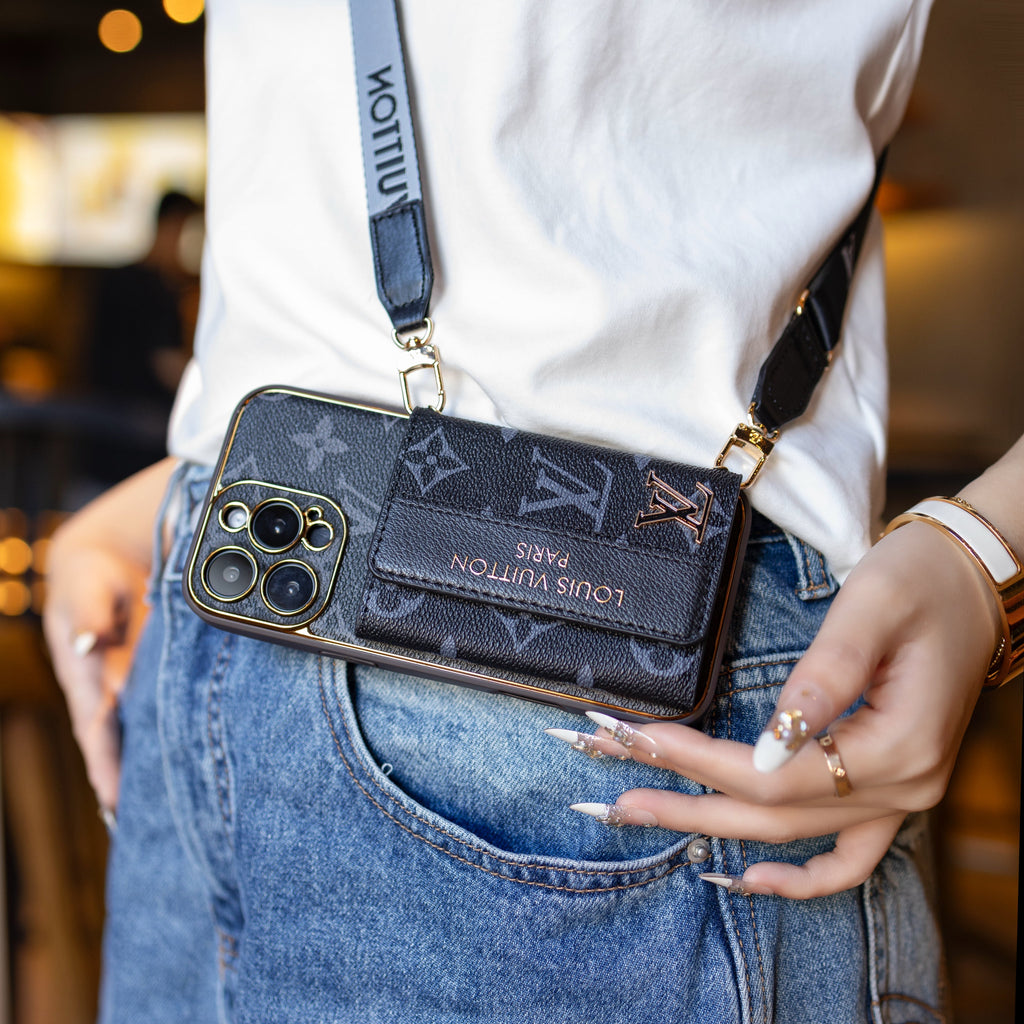 Louis Vuitton-inspired leather iPhone case with card holder and strap