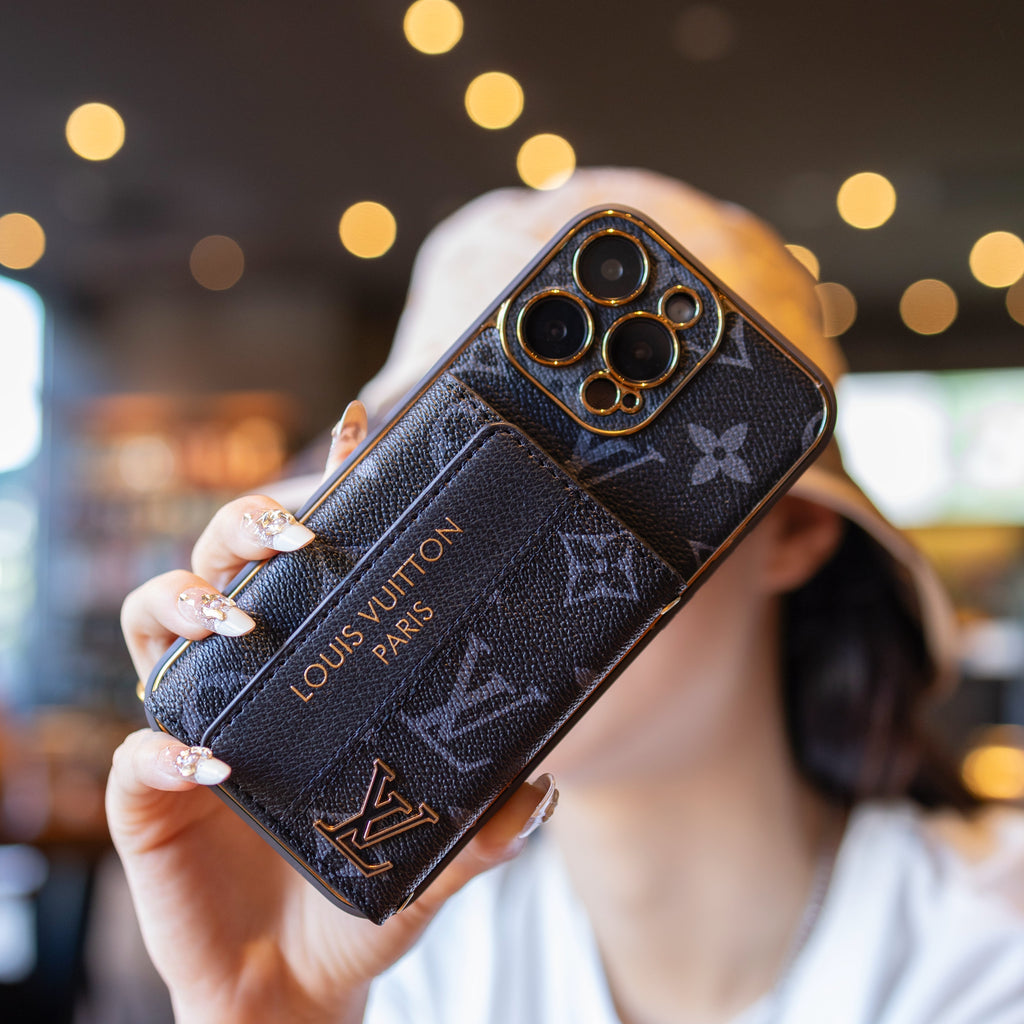 Louis Vuitton-inspired leather iPhone case with card holder and strap