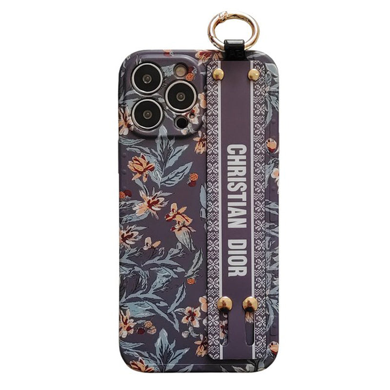 Dior-inspired purple and white iPhone case with hand strap