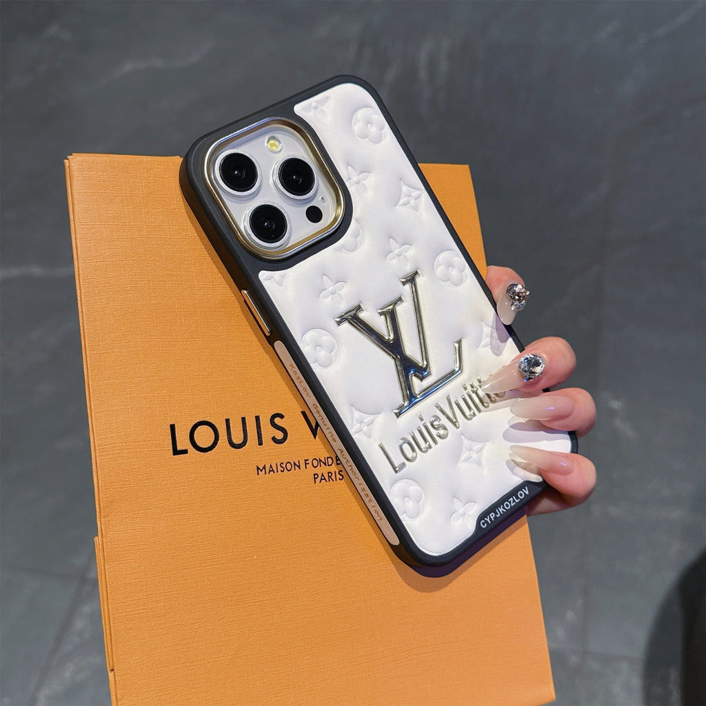Louis Vuitton-inspired quilted leather iPhone case with raised emblem, white