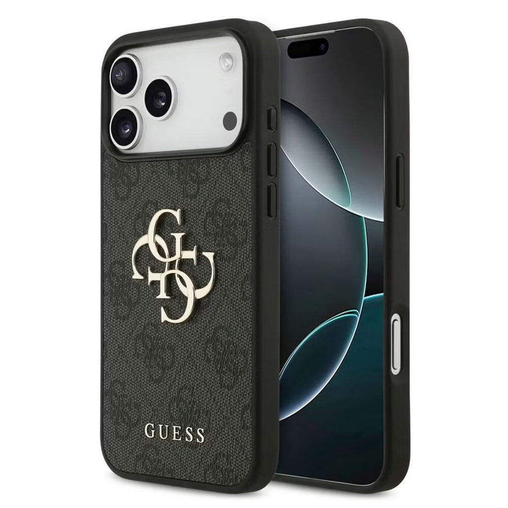 Guess-inspired monogram iPhone case with metal detail, black