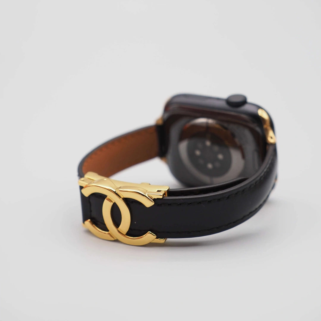 Chanel-inspired leather watch strap with metal detail, black