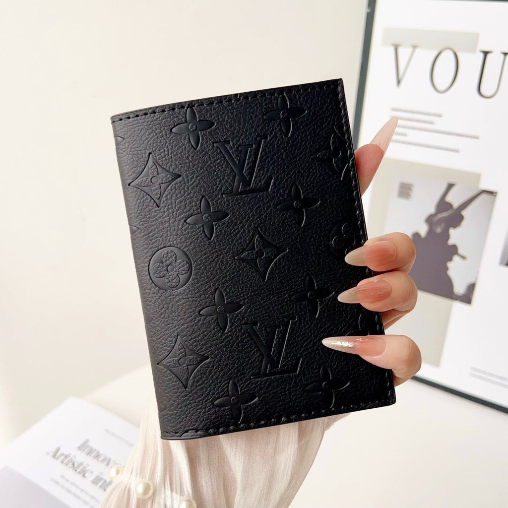 Louis Vuitton-inspired embossed monogram passport holder, black