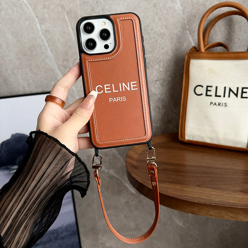 Celine-inspired leather iPhone case with wrist strap