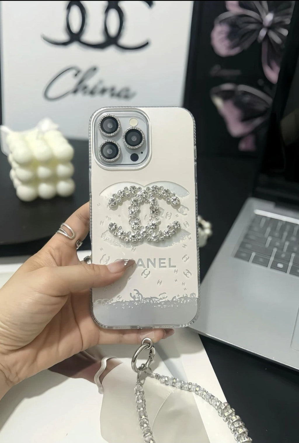 Chanel-inspired light iPhone case with rhinestone emblem, diamond silver (with chain)