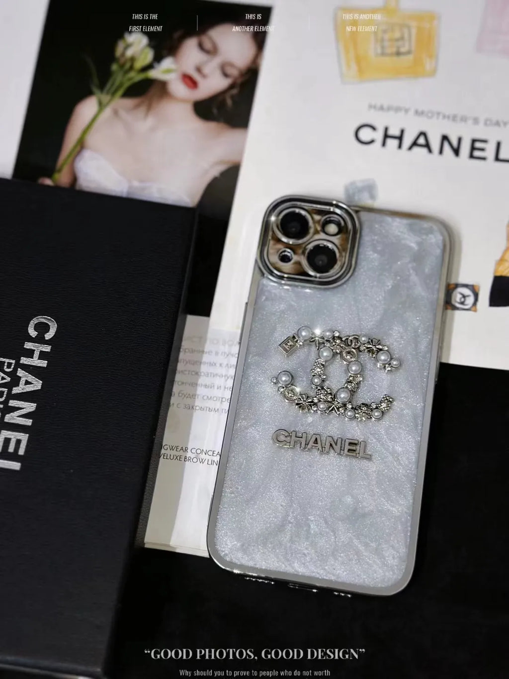 Chanel-inspired glitter case for iPhone 15 Pro Max with chain detail, white