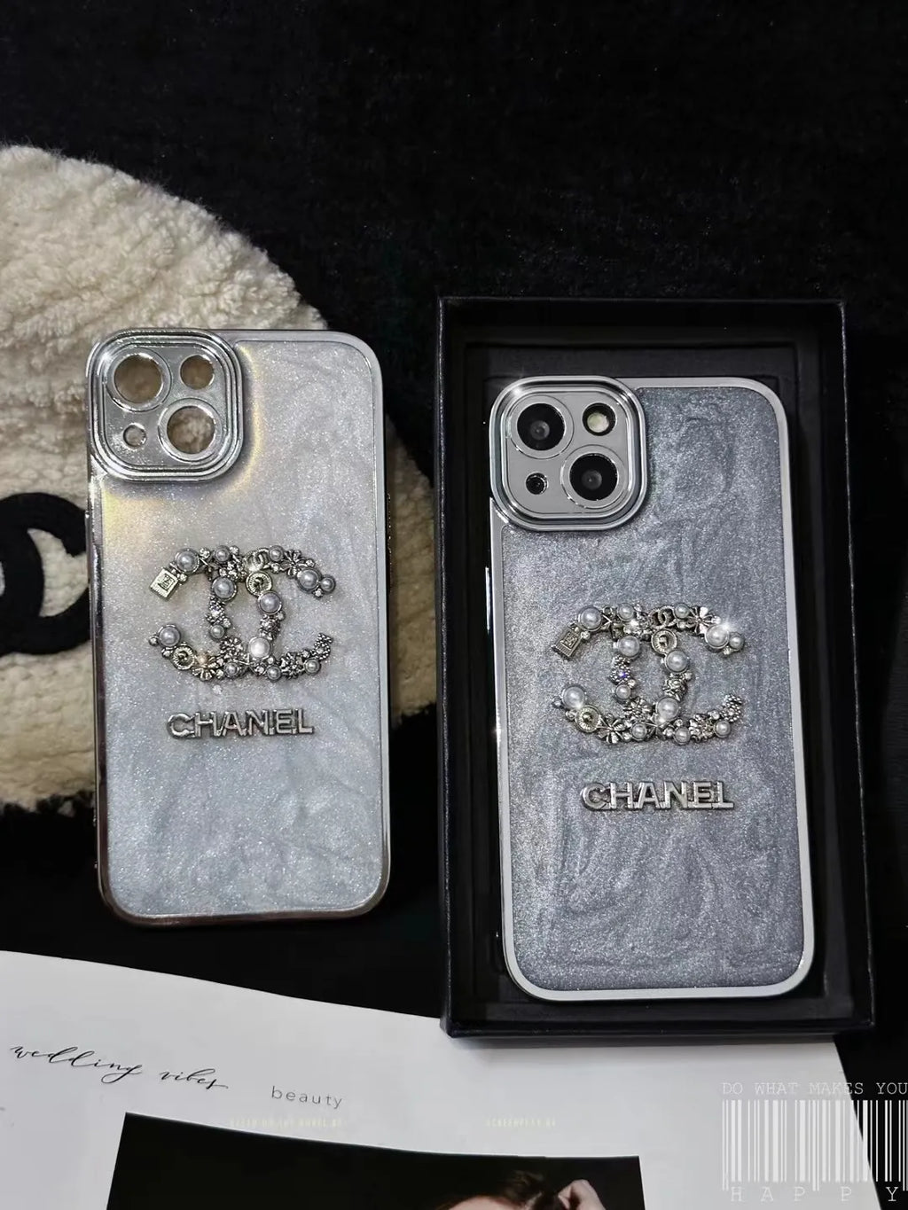 Chanel-inspired glitter case for iPhone 15 Pro Max with chain detail