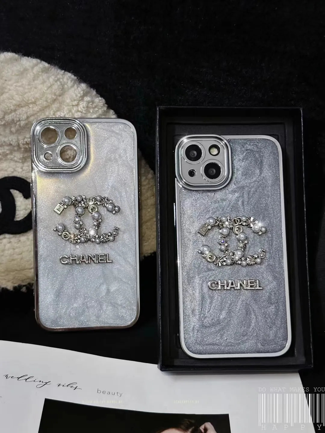 Chanel-inspired glitter case for iPhone 15 Pro Max with chain detail