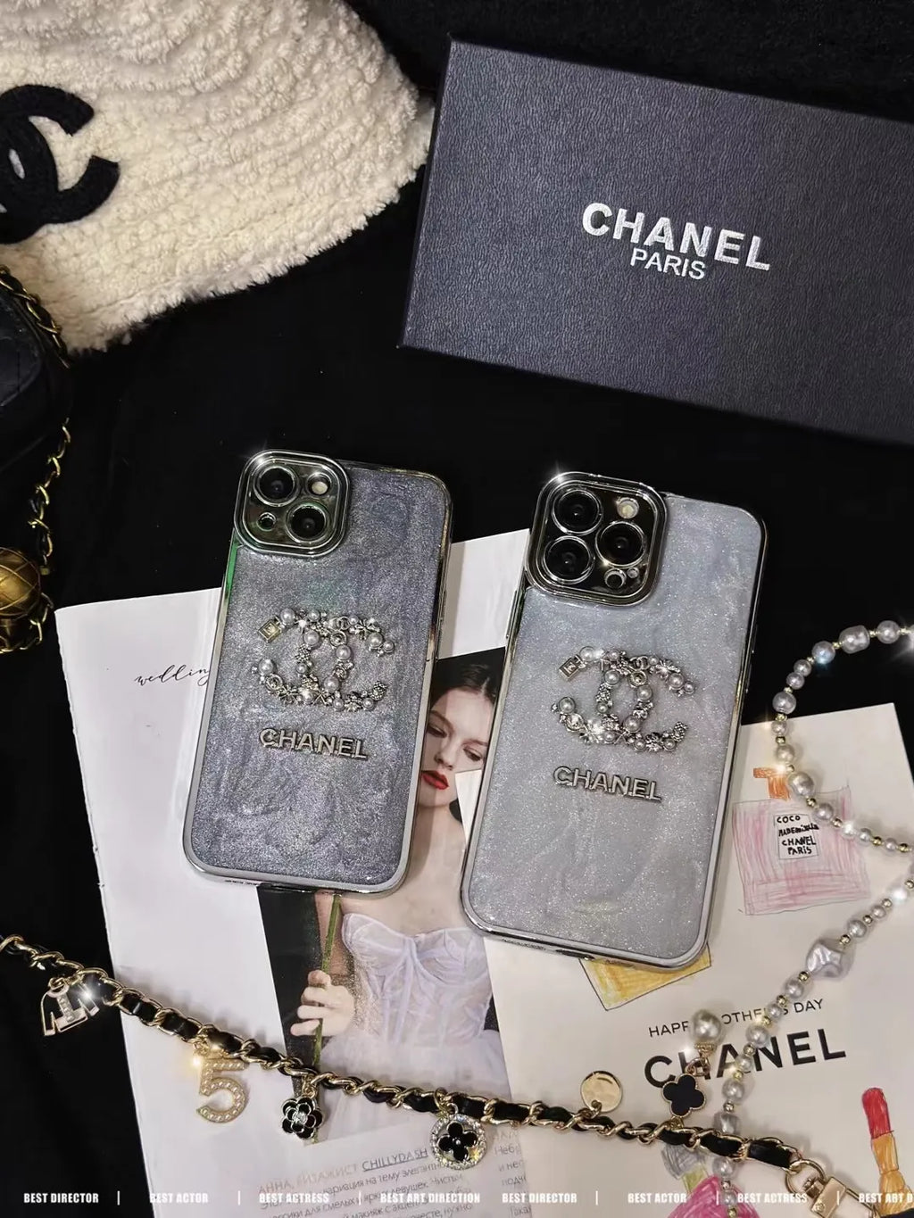 Chanel-inspired glitter case for iPhone 15 Pro Max with chain detail