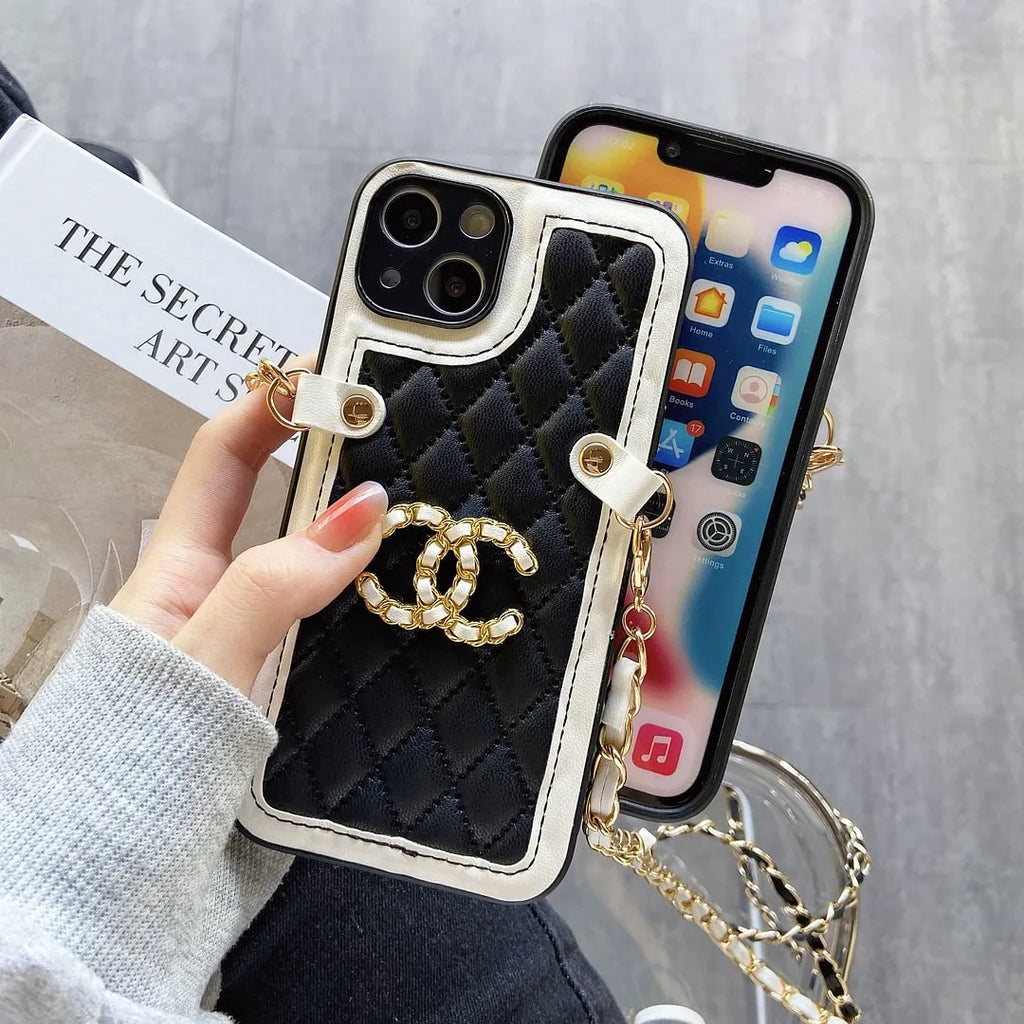 Chanel-inspired quilted phone case with chain and metal detail