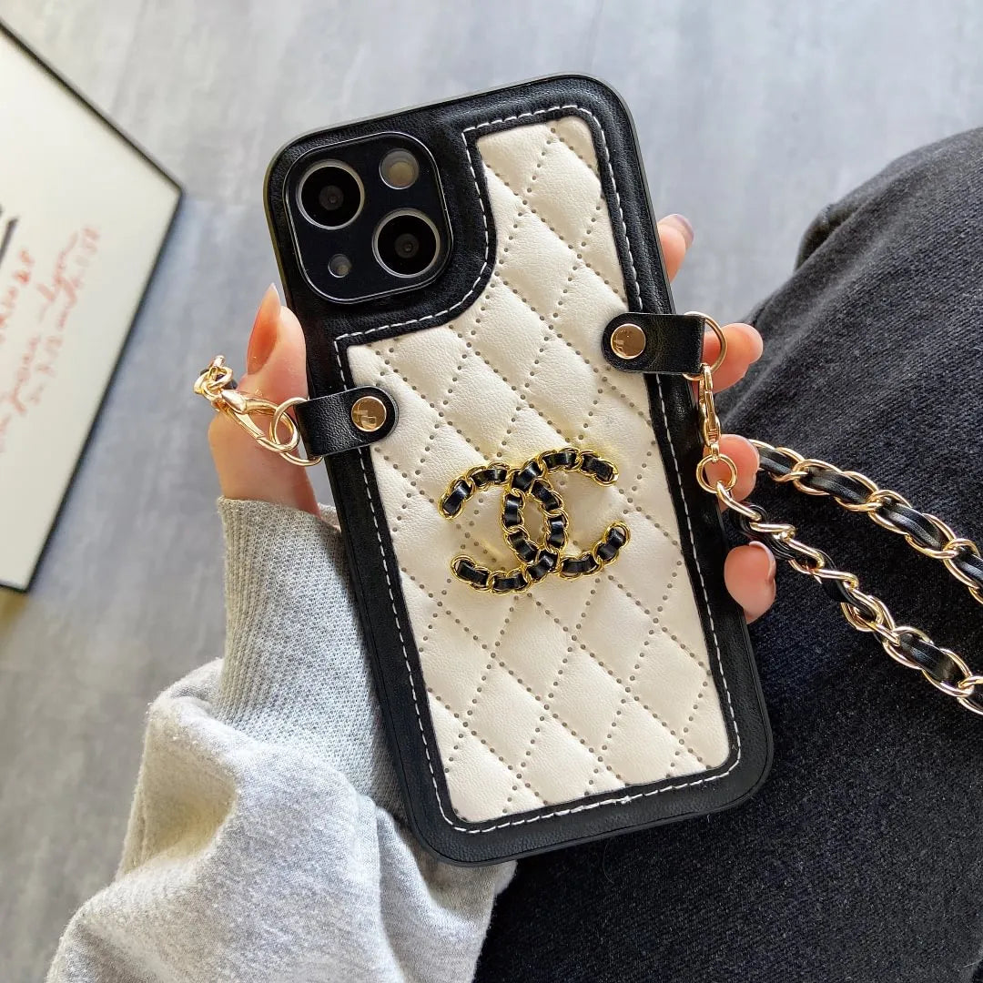 Chanel-inspired quilted phone case with chain and metal detail, white