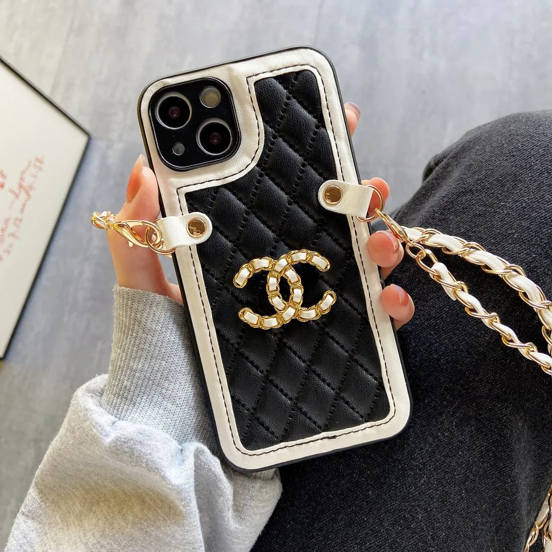 Chanel-inspired quilted phone case with chain and metal detail