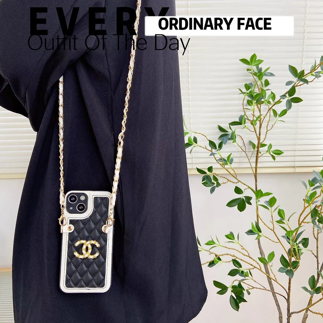 Chanel-inspired quilted phone case with chain and metal detail