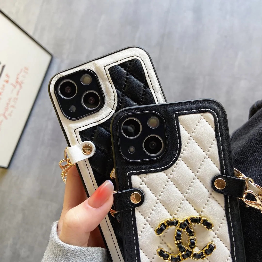 Chanel-inspired quilted phone case with chain and metal detail