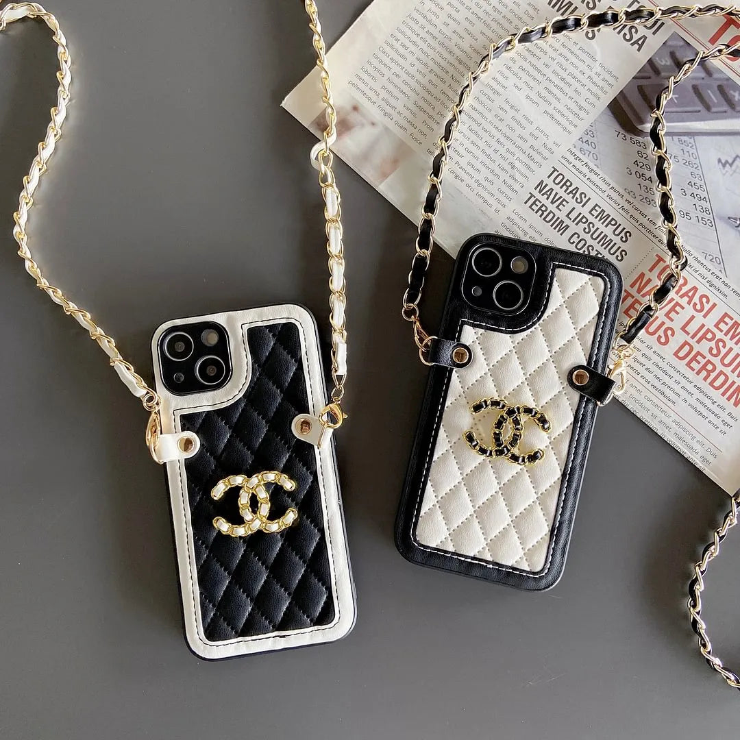 Chanel-inspired quilted phone case with chain and metal detail