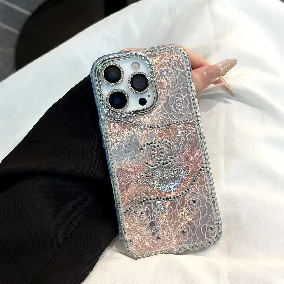 Chanel-inspired sparkling iPhone case with pearl strap
