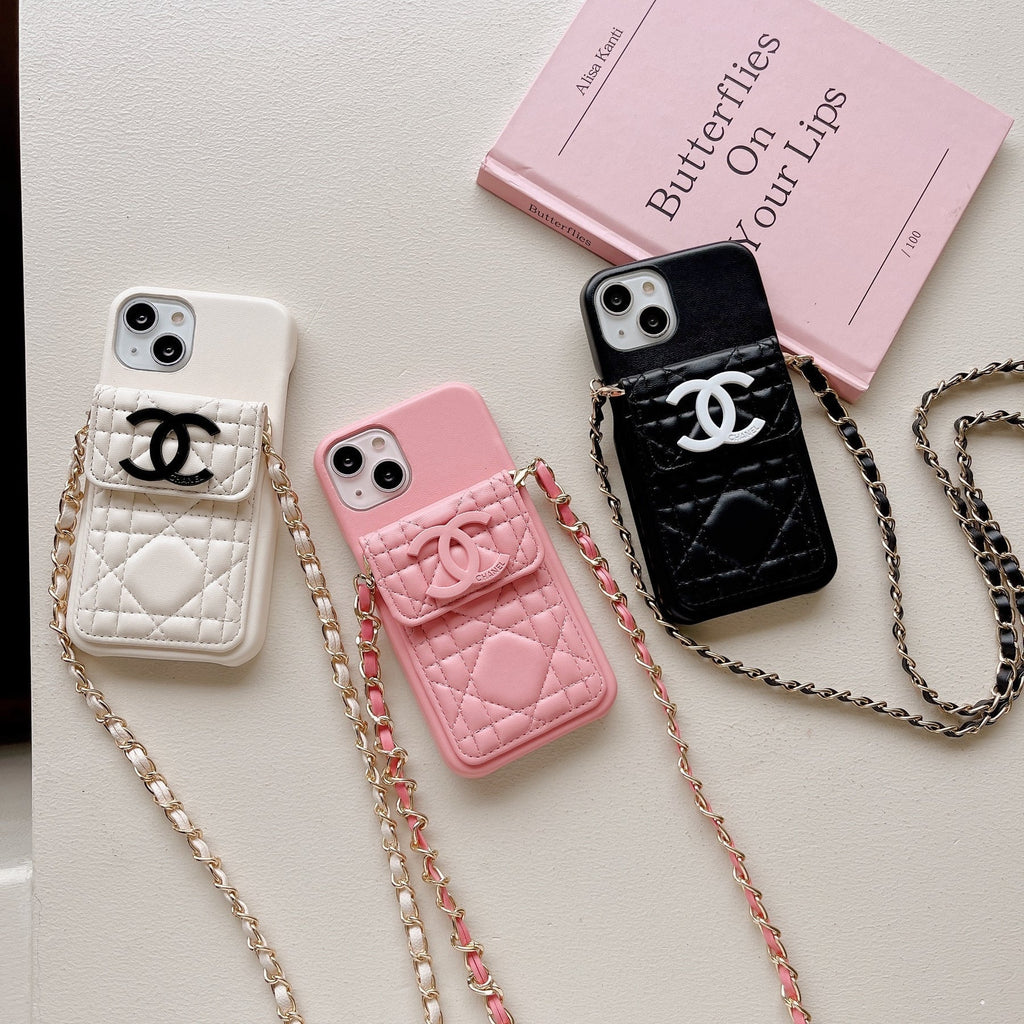 Chanel-inspired quilted phone case with chain strap