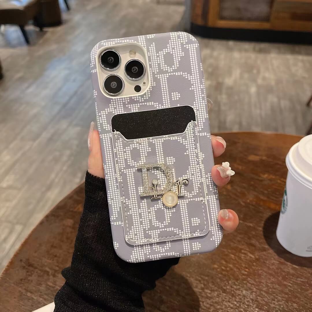 Dior-inspired patterned card pocket case for iPhone 16 Pro Max