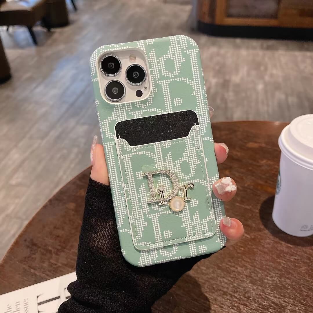 Dior-inspired patterned card pocket case for iPhone 16 Pro Max