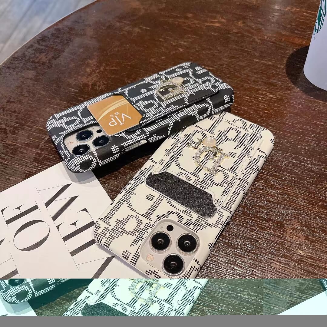 Dior-inspired patterned card pocket case for iPhone 16 Pro Max