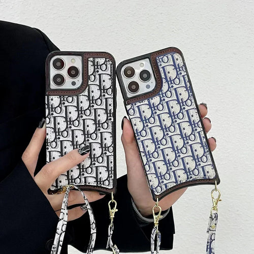 Dior-inspired all-over pattern iPhone case with lanyard
