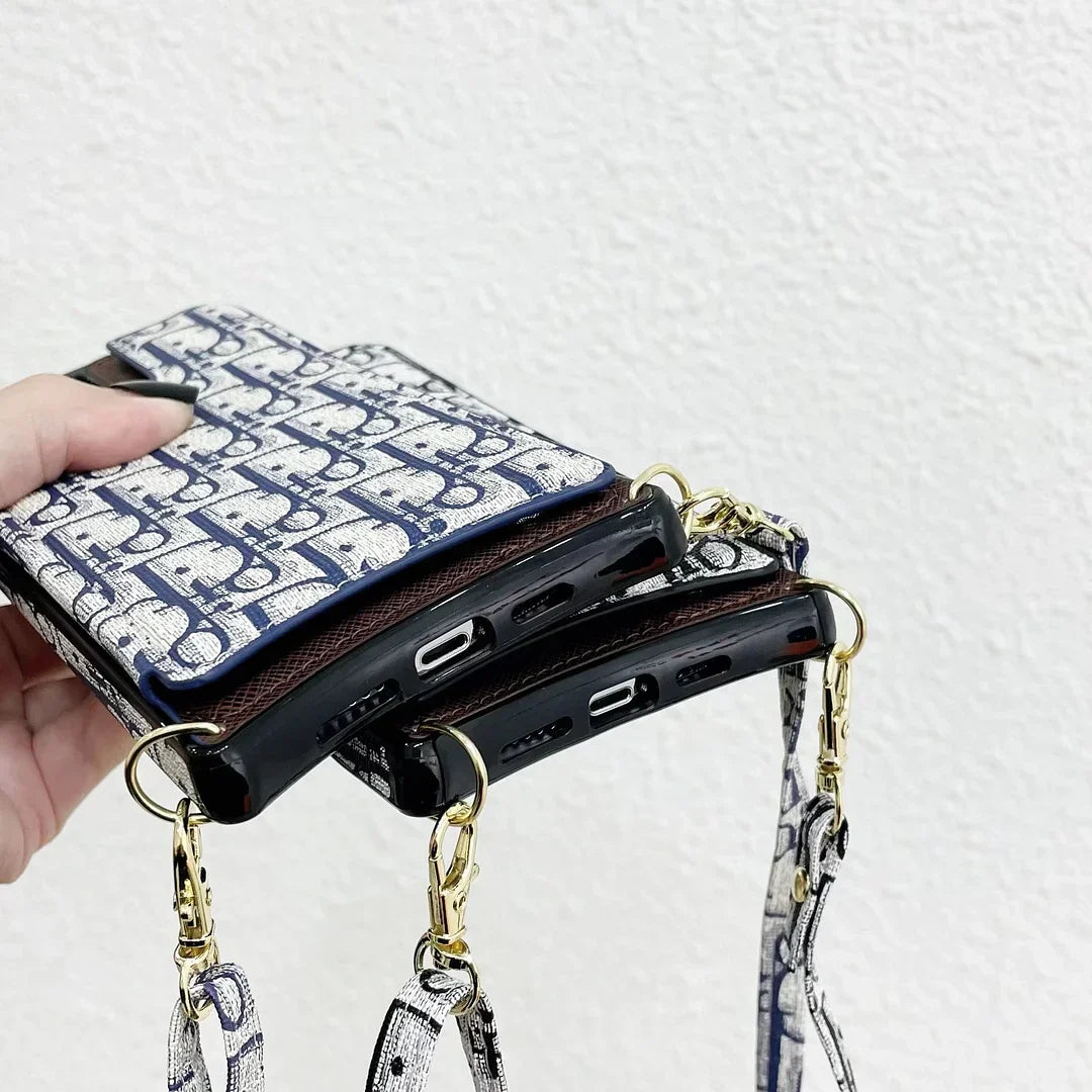 Dior-inspired all-over pattern iPhone case with lanyard