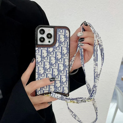 Dior-inspired all-over pattern iPhone case with lanyard, blue