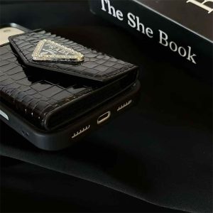 Prada-inspired elegant apple phone case with card holder for iPhone 17 / 16 / 15 / 14