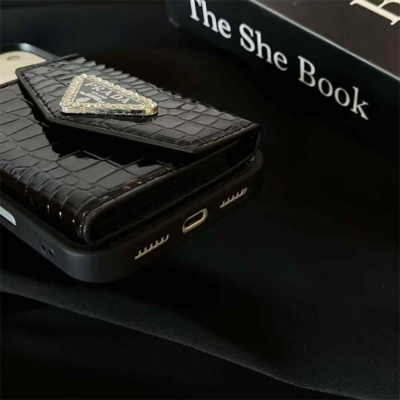 Prada-inspired elegant apple phone case with card holder for iPhone 17 / 16 / 15 / 14