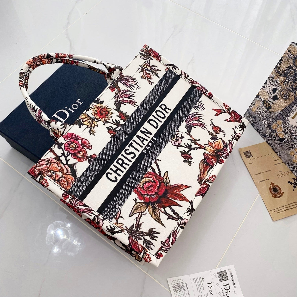 Dior-inspired floral print tote bag