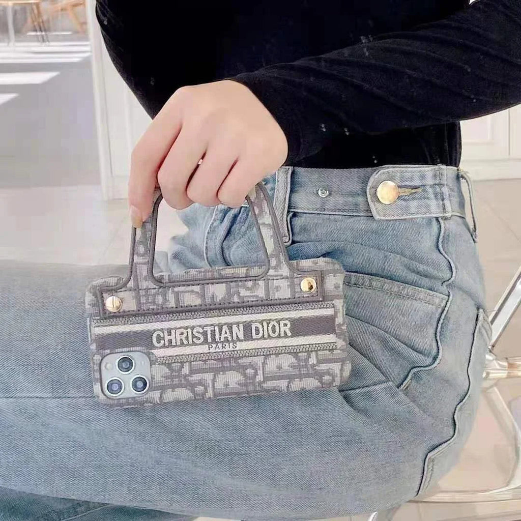 Dior-inspired mini handbag shape case for iPhone 15, grey
