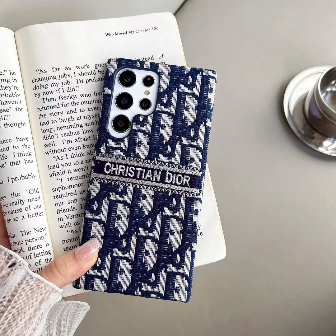 Dior-inspired repeating pattern Samsung phone case, blue