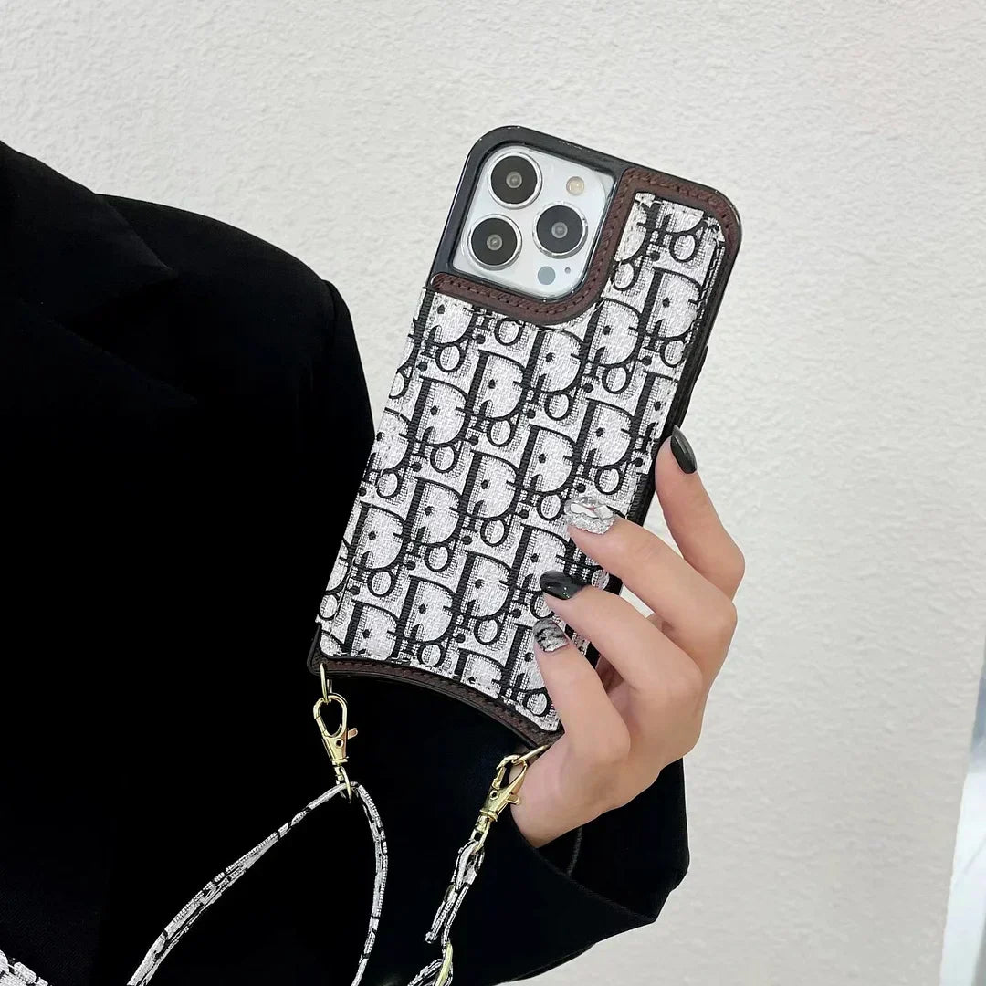Dior-inspired all-over pattern iPhone case with lanyard