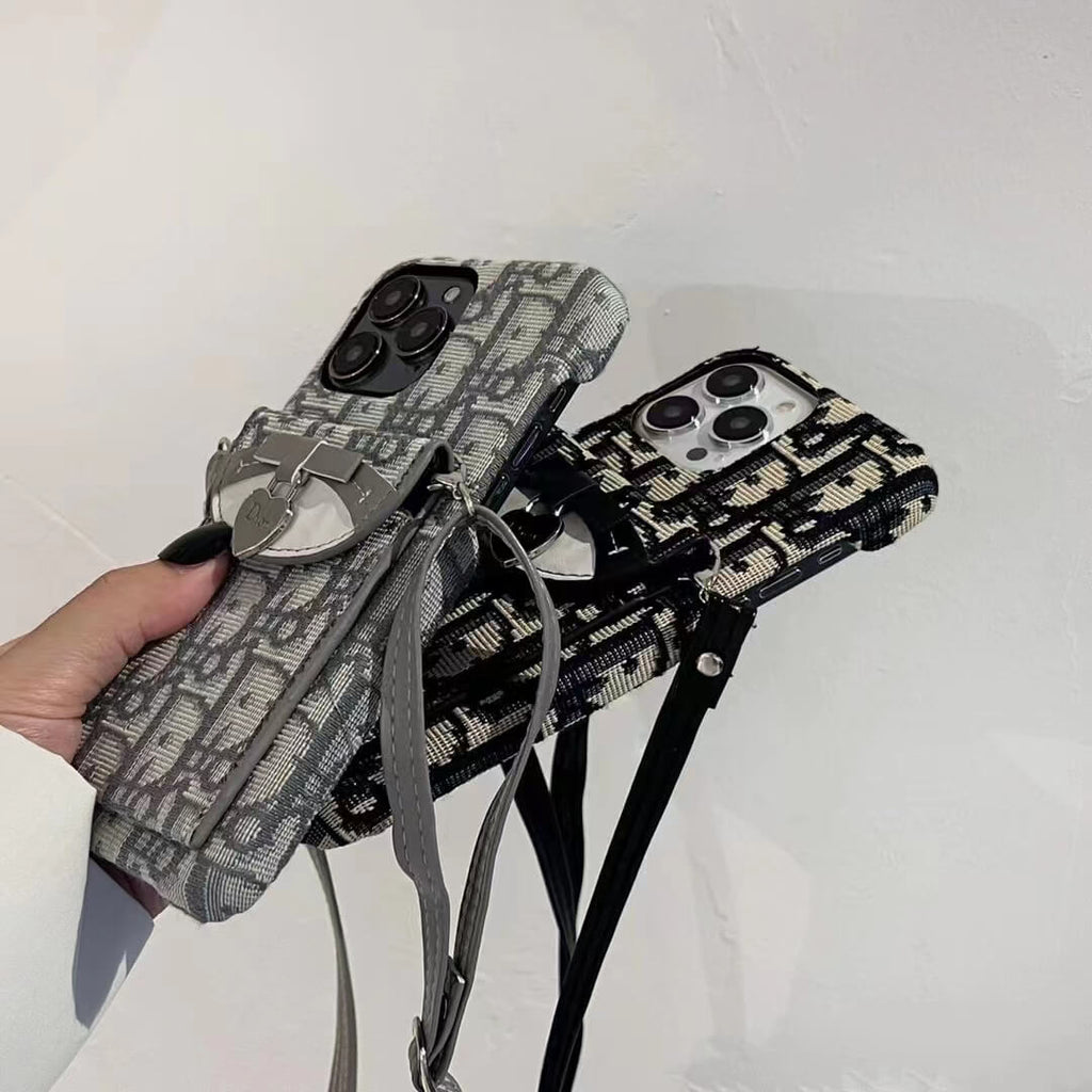 Dior-inspired patterned phone card holder with chain