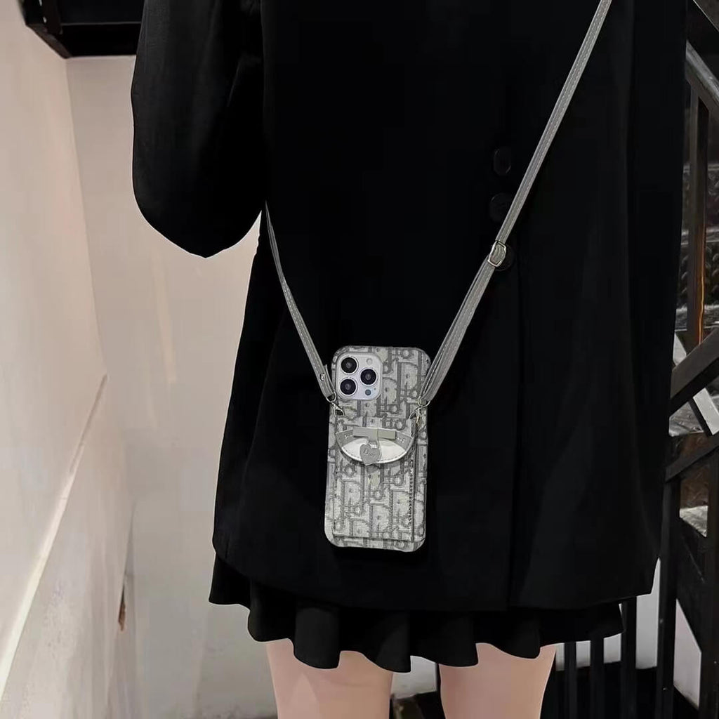 Dior-inspired patterned phone card holder with chain