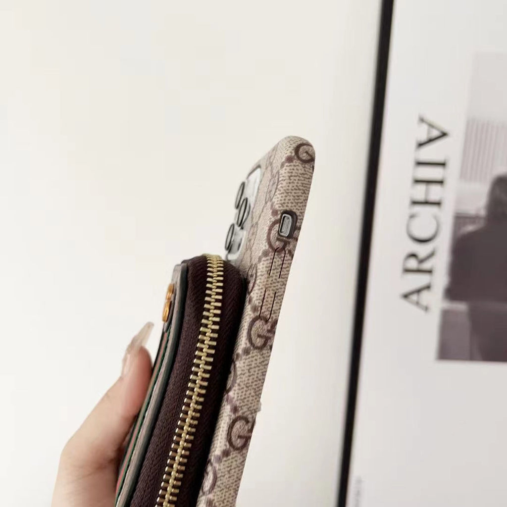 Gucci-inspired monogram phone case with card holder and zip pouch